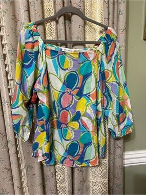 2/$28 First Love by Lovelyn Retro Mod Floral Puff Sleeve Blouse Top Large EUC